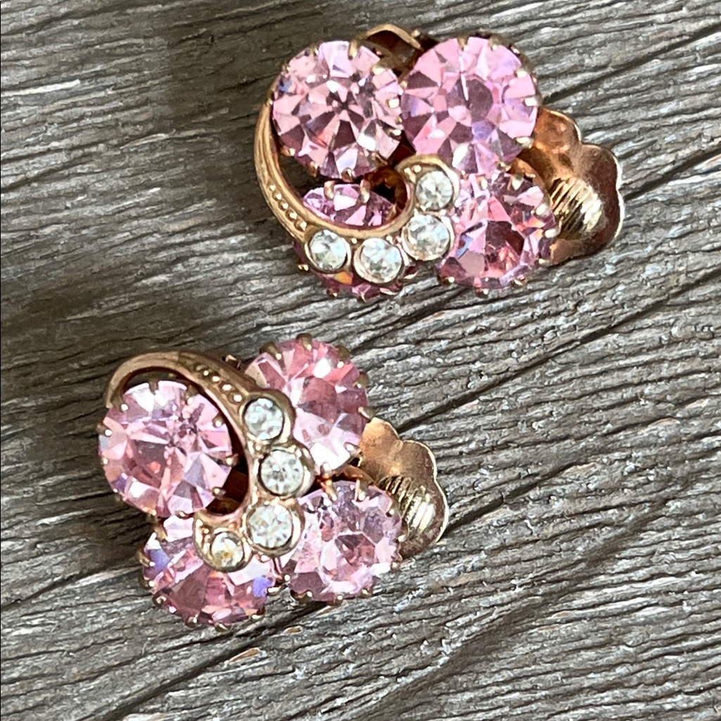 Eisenberg Vintage Ice Pink Crystal Cluster Clip-On Earrings In Gold Tone
